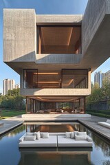 Modern concrete house with pool and lounging areas