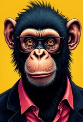  a chimpanzee wearing glasses and a red shirt against a yellow background The chimpanzee has a mischievous expression on its face, and its eyes are wide open, as if