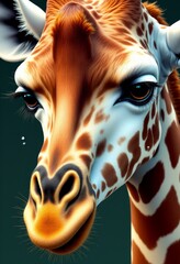   a close up of a giraffe's face with a green background 