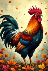  a rooster standing in the middle of a field of autumn leaves, with a bright blue sky in the background The leaves are in various shades of red, orange, and yellow,