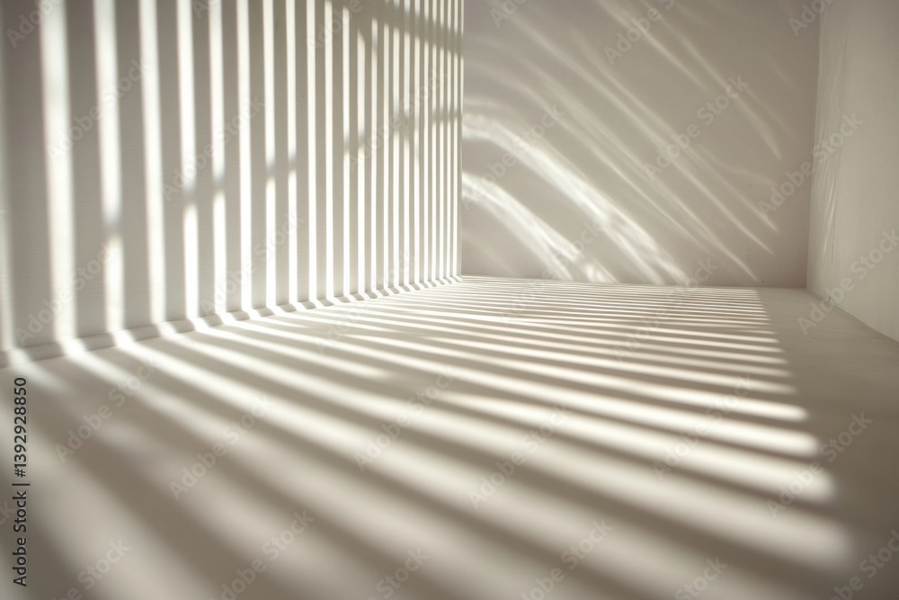 Poster Cut light strips create dynamic shadows on a clean white surface in a modern art setting