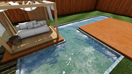3d image of the landscape design of the home territory. Landscaping of the territory. Computer visualization of composite landscaping and landscaping solutions.