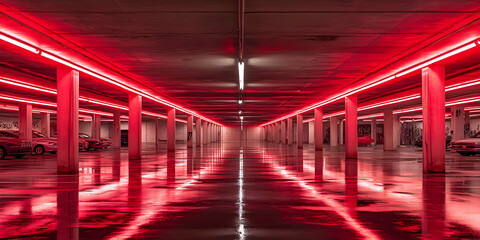 Fototapeta premium Illuminated Underground Parking Garage with Red Neon Lights and Reflections on Wet Floor