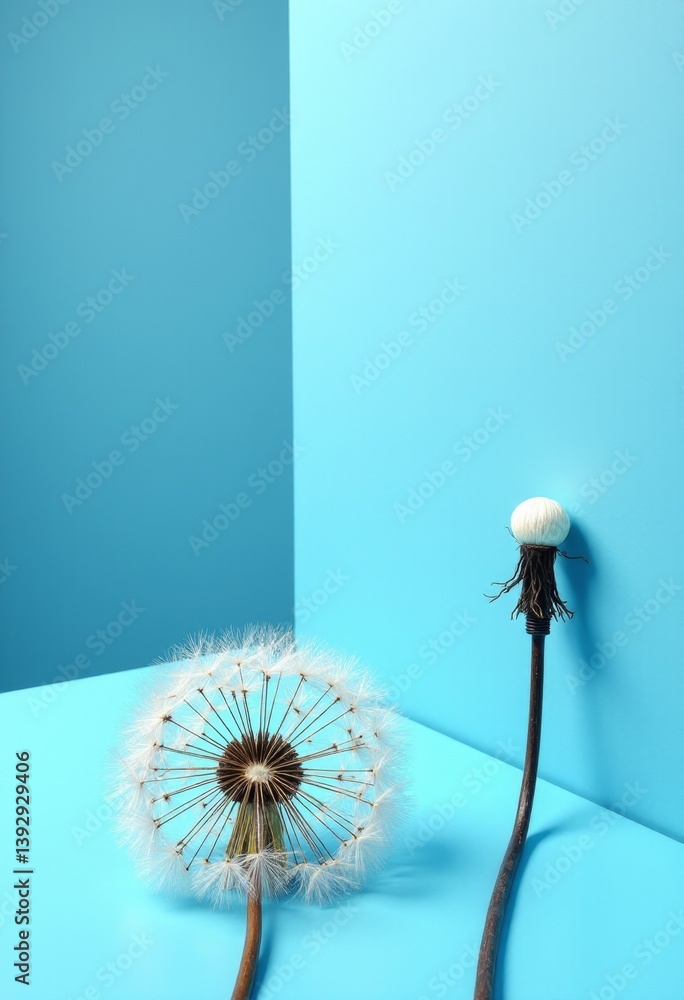 Poster two dandelion seeds on a blue background, with one of the seeds in the foreground and the other in t