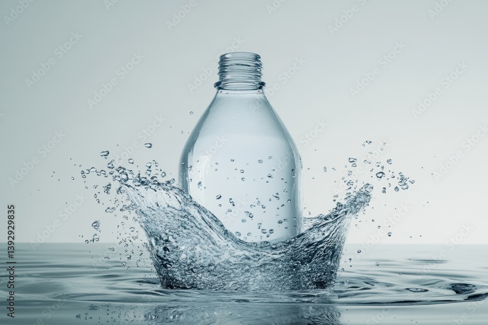 Poster water splashing around a bottle creates a dynamic visual display