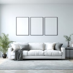 Modern minimalist living room featuring a white couch and a stylish plant adding a touch of nature to the space