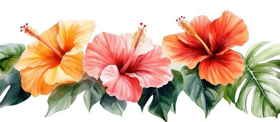 Fototapeta premium Watercolor hibiscus flowers, tropical leaves, white background, floral arrangement, design