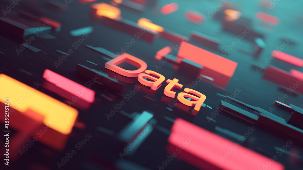 Poster orange data text on a dark surface with colorful rectangular shapes in a blurred background view