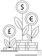 Currency signs on plant stems with leaves and coin stacks, symbolizing economic growth. Ideal for finance, investment, money saving, economy, wealth management, profit growth, flat simple metaphor