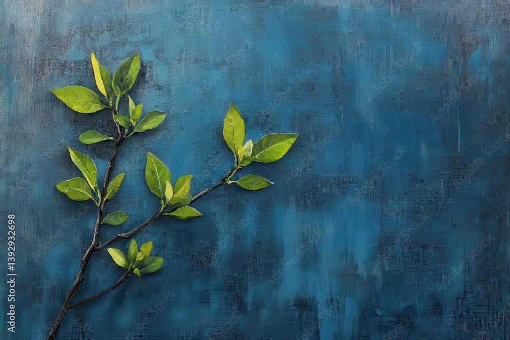 Aufkleber fresh green leaves against a textured blue backdrop create a calm and refreshing visual experience i
