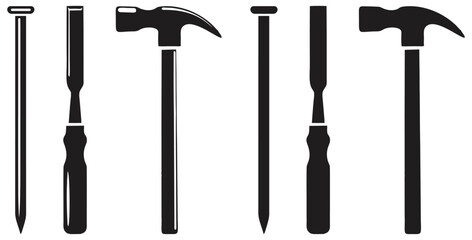 Silhouette Set of Construction Tools. hammer, chisel, nail. Isolated On Transparent Background.