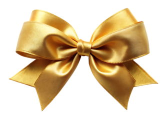 Shiny golden satin ribbon bow in monoline style on white background, perfect for gift wrapping and decor.