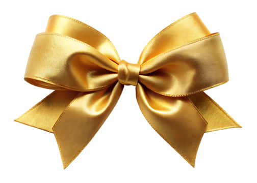 Shiny golden satin ribbon bow in monoline style on white background, perfect for gift wrapping and decor.