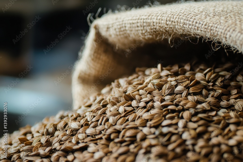 Poster Burlap sack overflowing with aromatic seeds on a smooth surface in a rustic kitchen setting during the daytime
