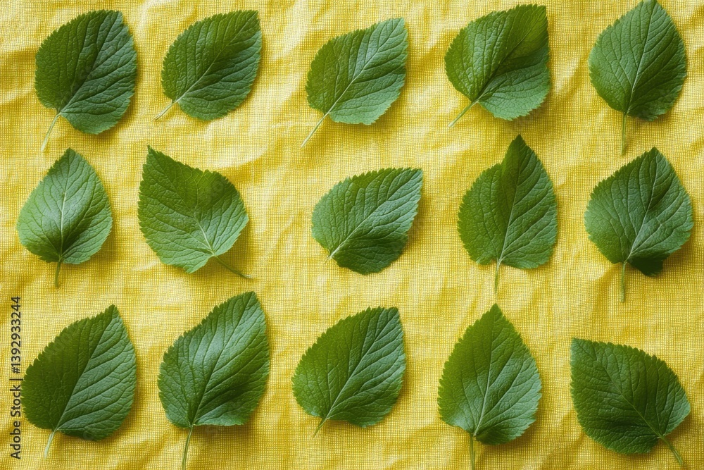 Aufkleber green leaves arranged in a pattern on a bright yellow fabric background creating a vibrant visual co