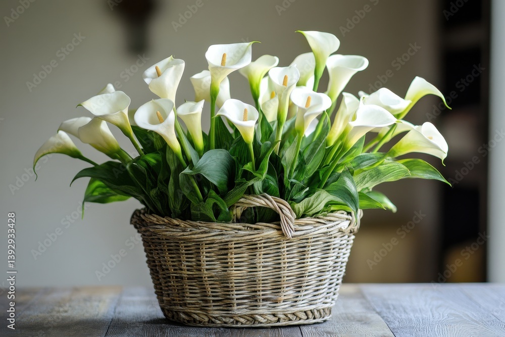 Aufkleber elegant display of white calla lilies in a woven basket on a rustic wooden table
