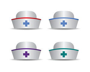 Set of nurse hats with colored crosses and trims on a white background.