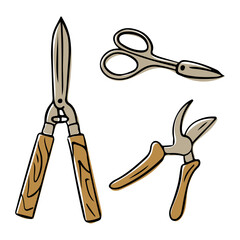 Set of hand drawn gardening and craft scissors including pruning shears, hedge clippers and small scissors. Represents gardening, craftsmanship and home improvement in vintage tool illustration style
