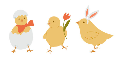 Three cute Easter chicks, one in an eggshell, one with a flower, and one with bunny ears. Represents spring holiday, festive fun and joyful celebration in a playful and charming style
