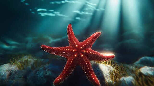 Sea star underwater the Mediterranean sea. Life of the underwater world. Red sea star, Underwater	