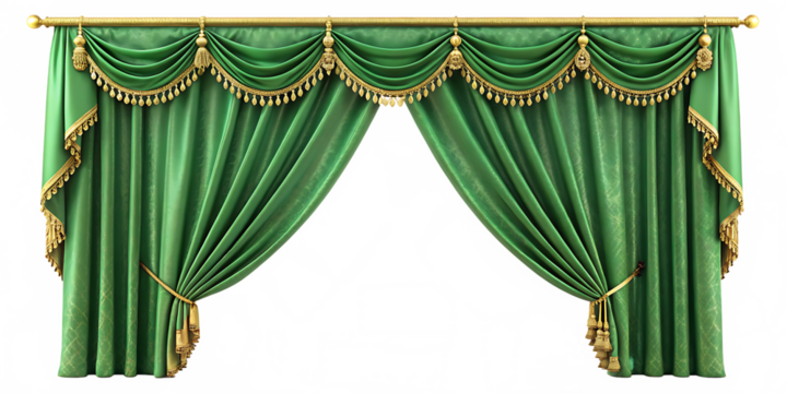  Luxurious green curtain with golden ornament, isolated on white for interior and stage design concepts