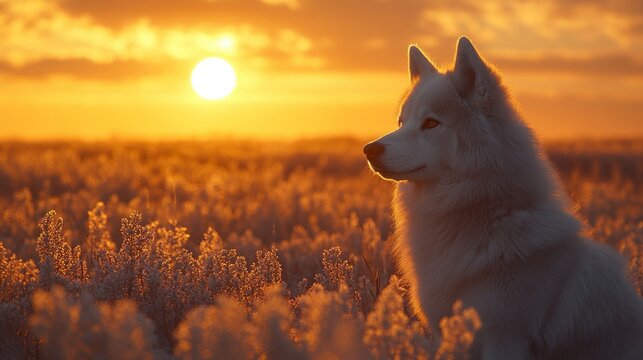 White dog at sunset in field