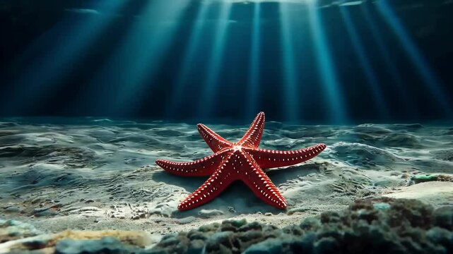 Sea star underwater the Mediterranean sea. Life of the underwater world. Red sea star, Underwater	