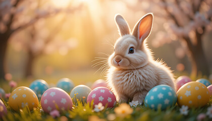Rabbit Sitting with Decorated Eggs in a Sunny Meadow Scenery