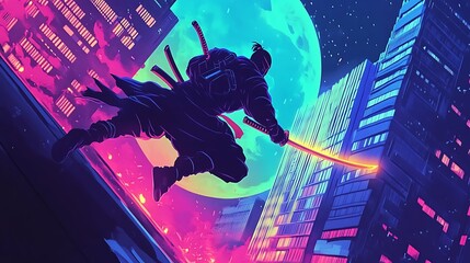 A modern samurai wearing a kimono, jumps across the rooftops of Tokyo skyscrapers at night