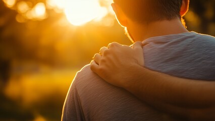Encourage Friendship concept, young man comforting his best older friend after bad news, close-up of a supportive hand on the shoulder, background softly blurred with golden afternoon light