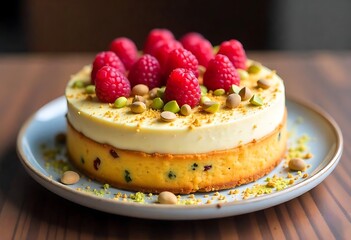 Delicious cake with pistachio and raspberries