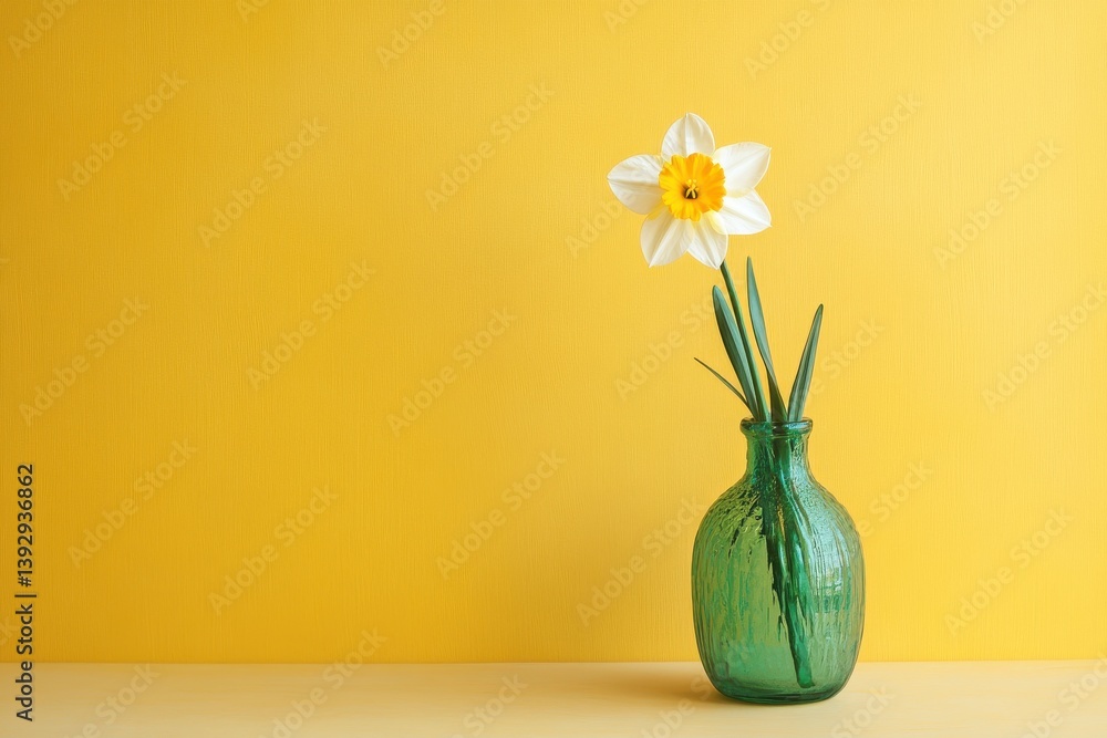 Aufkleber elegant white daffodil in a green vase against a bright yellow background brings a touch of spring i