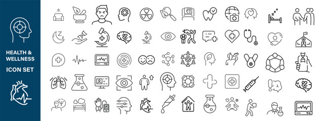 Mental health icon set. Containing depression, bipolar, PTSD, panic and mind disorder icons. Psychology outline symbol vector illustration. Health & Wellness  icon set,