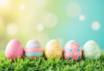 Easter eggs on a bright background. Easter celebration concept. Colorful easter handmade decorated Easter eggs. Place for text. Copy space.
