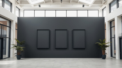 Fototapeta premium Modern gallery wall mockup with empty frames and plants