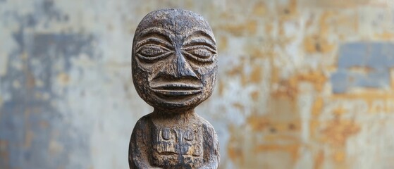 Carved wooden statue of a human figure against a textured background.