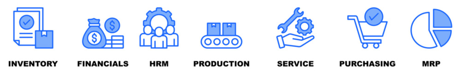 ERP banner web icon vector illustration concept for enterprise resource planning with icon and symbol of inventory financials HRM production service purchasing and MRP.