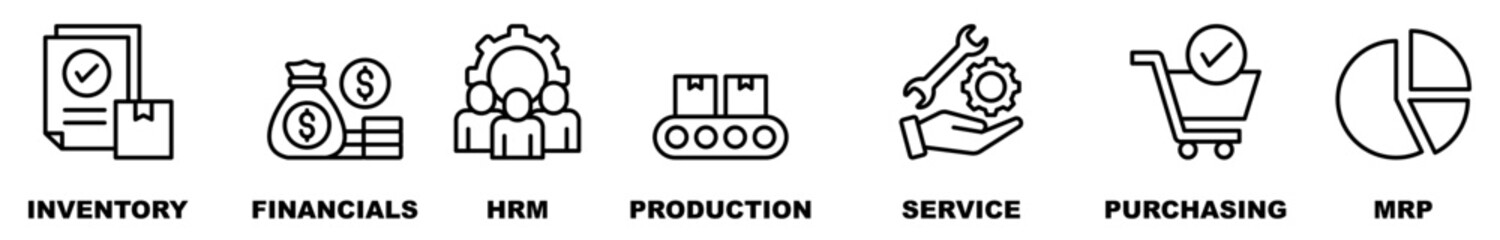 ERP banner web icon vector illustration concept for enterprise resource planning with icon and symbol of inventory financials HRM production service purchasing and MRP.