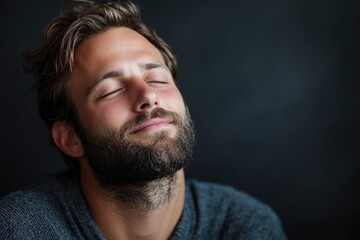 Obraz premium Portrait of a handsome man with a beard, looking up with closed eyes and a smile, against a dark grey background.