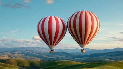 Fototapeta premium Red And White Striped Hot Air Balloons Soaring Over Green Hills