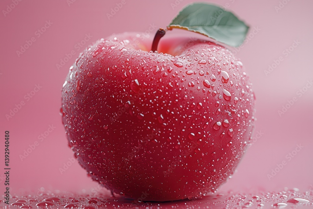 Aufkleber fresh red apple with droplets on a pink background showcasing its vibrant color and texture