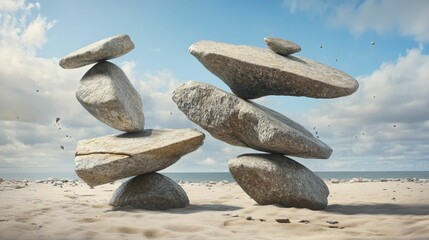 Stacked rocks on a beach against a cloudy sky.