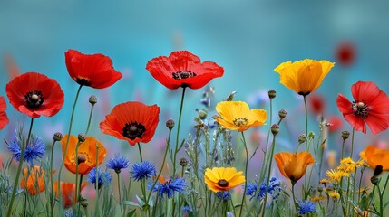 Red and Yellow Poppies and Blue Cornflowers in a Field