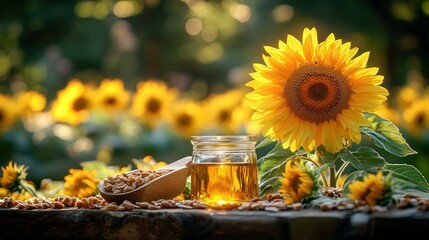 Sunflower oil and seeds in a garden setting