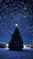 A Christmas tree stands beneath swirling trails of bright stars