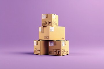 3D Cardboard box package transport order icon .3D Minimal stack parcel box icon on isolated purple background. Logistics shipment and Online delivery service Concept. 3d render.