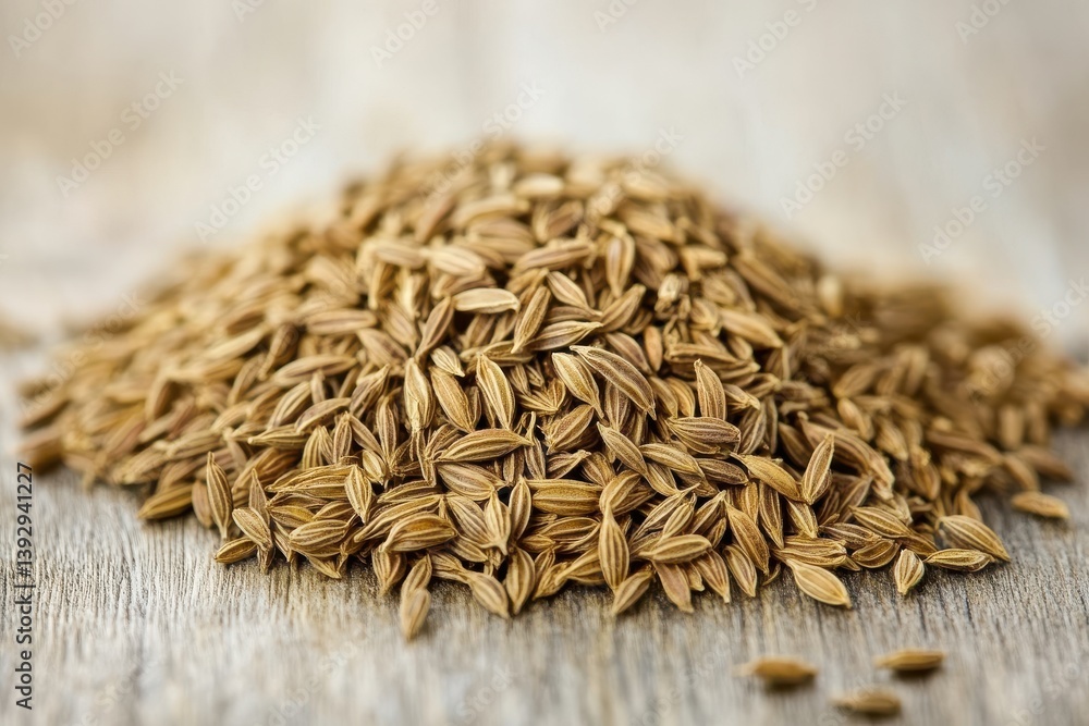 Poster cumin seeds piled on wooden surface ready for culinary use or spice blending in a kitchen setting
