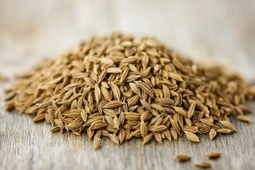 Cumin seeds piled on wooden surface ready for culinary use or spice blending in a kitchen setting
