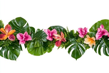 Tropical leaves and flowers garland bouquet arrangement isolated on white background, hd, realistic