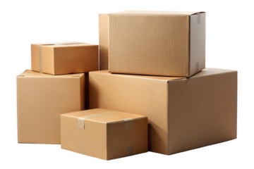 Brown cardboard boxes in large and small sizes isolated on white, perfect for packaging, shipping, or delivery themes.